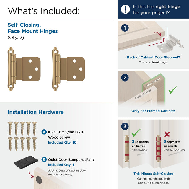 Amerock BPR7928CZ Cabinet Hinge 3/8 in (10 mm) Inset Self Closing Face Mount Champagne Bronze Kitchen Cabinet Door Hinge 1 Pair/2 Pack Functional Hardware