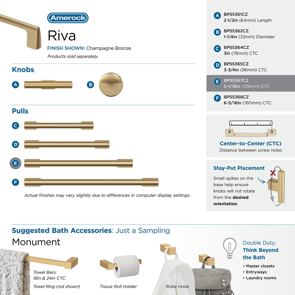 Amerock Cabinet Pull Champagne Bronze 5-1/16 in (128 mm) Center-to-Center Drawer Pull Riva Kitchen and Bath Hardware Furniture Hardware