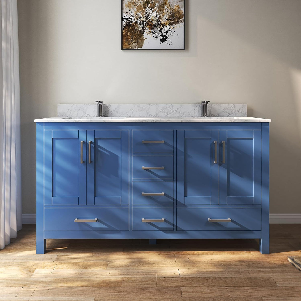 Carrigain 60" Blue Integrated Sink Bathroom Oak Freestanding Vanity with Ceramic Double Undermount Top with Sinks