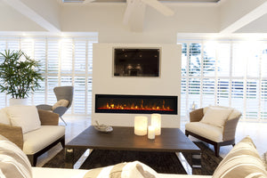 Amantii SYM-74 Symmetry Smart Electric  74" Indoor / Outdoor WiFi Enabled Built In Fireplace, Featuring a MultiFunction Remote Control , Multi Speed Flame Motor and a 10 piece Birch Log Set