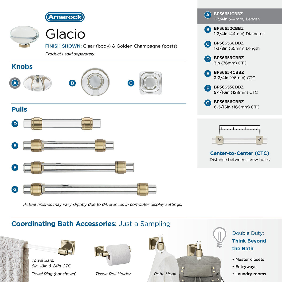 Amerock Cabinet Knob Clear/Golden Champagne 1-3/4 inch (44 mm) Length Glacio 1 Pack Drawer Knob Cabinet Hardware