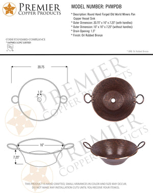 Premier Copper Products PVMPDB 20.75-Inch Round Hand Forged Old World Miners Pan Copper Vessel Sink