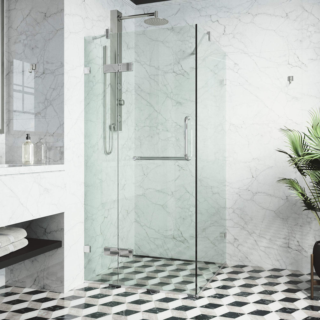 VIGO 30 in. x 30 in. x 73 in. Monteray Frameless Hinged Square Shower Enclosure with Clear 0.38" Tempered Glass and Hardware in Chrome Finish with Reversible Handle - VG6011CHCL32