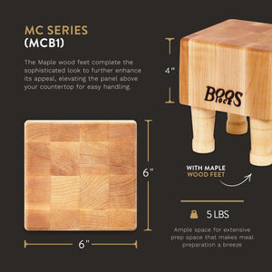 John Boos MCB1 Medium Maple Wood Cutting Board for Kitchen 6 x Inches, 4 Inches Thick Non-Reversible End Grain Charcuterie Block with Feet 06X06X4 MPL-END GR-MINI CHEESE BLOC