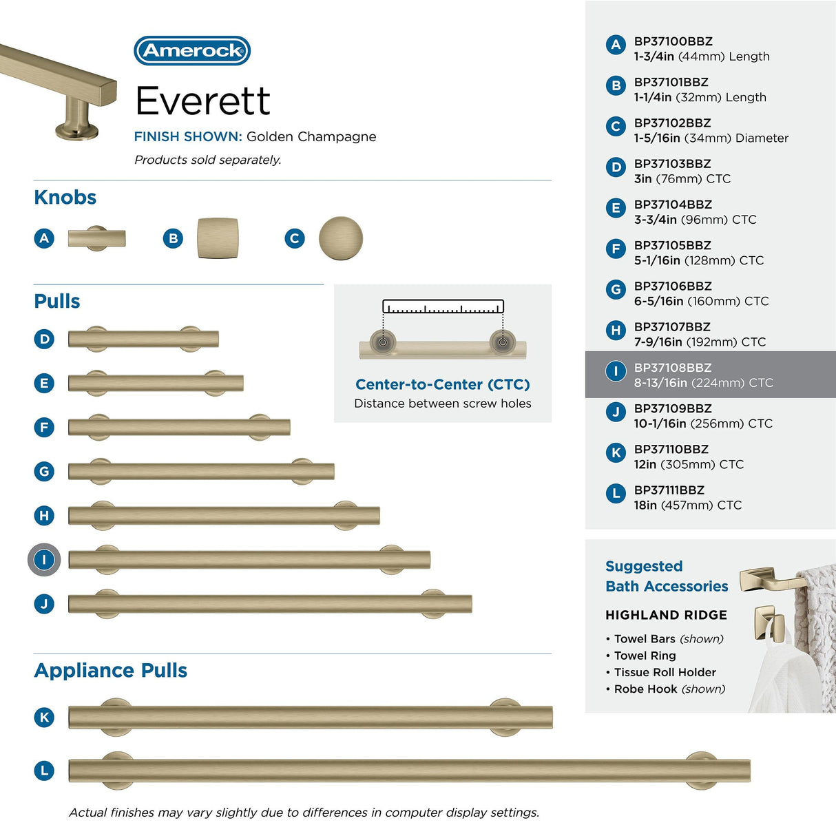 Amerock BP37108BBZ Everett 8-13/16 in (224 mm) Center-to-Center Golden Champagne Cabinet Pull Kitchen Cabinet Hardware Furniture Hardware Bathroom Drawer Handle
