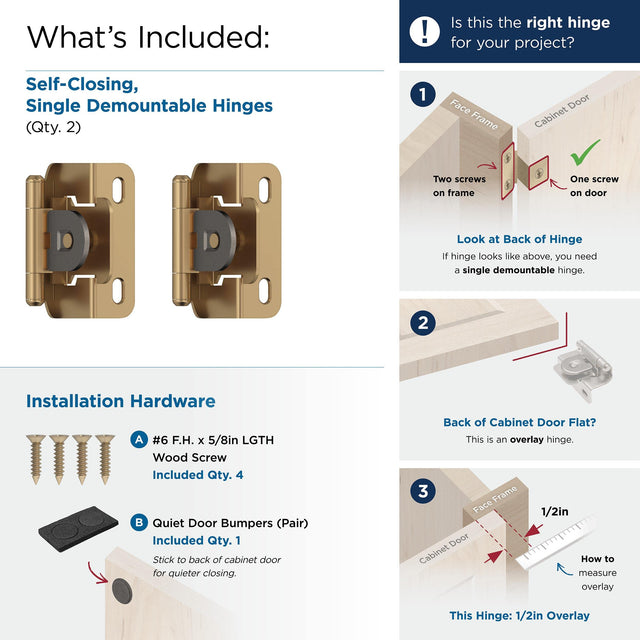 Amerock BPR8719CZ Cabinet Hinge 1/2 in (13 mm) Overlay Single Demountable Partial Wrap Champagne Bronze Kitchen Cabinet Door Hinge 1 Pair/2 Pack Functional Hardware