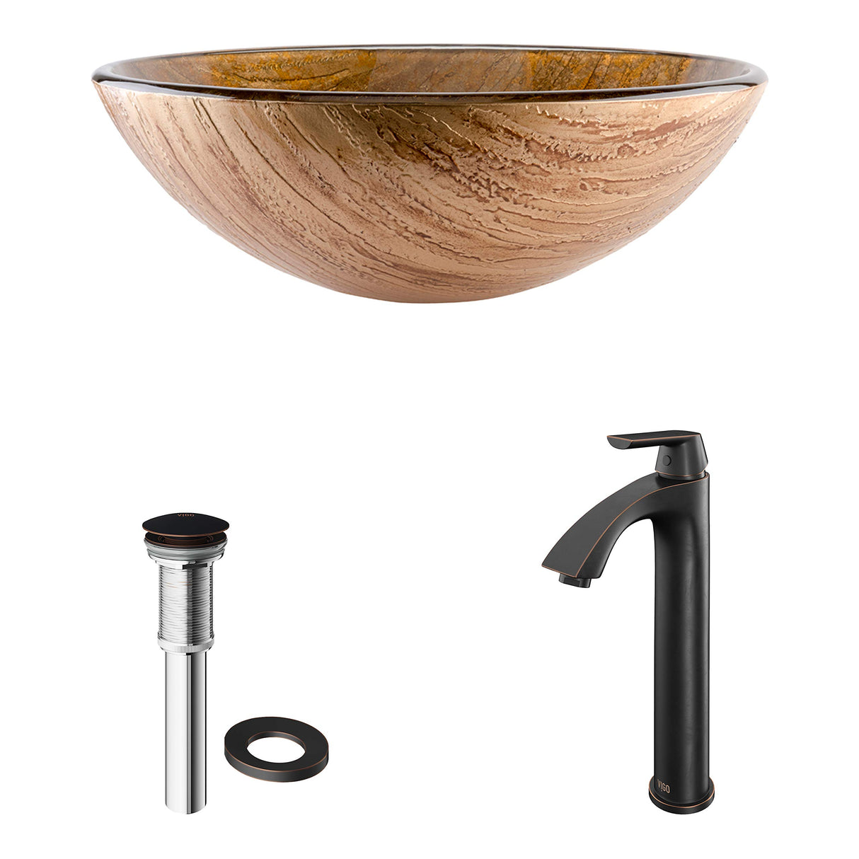 VIGO VGT391 16.5" L -16.5" W -12.38" H Handmade Countertop Glass Round Vessel Bathroom Sink Set in Wooden Finish with Antique Rubbed Bronze Single-Handle Single Hole Faucet and Pop Up Drain