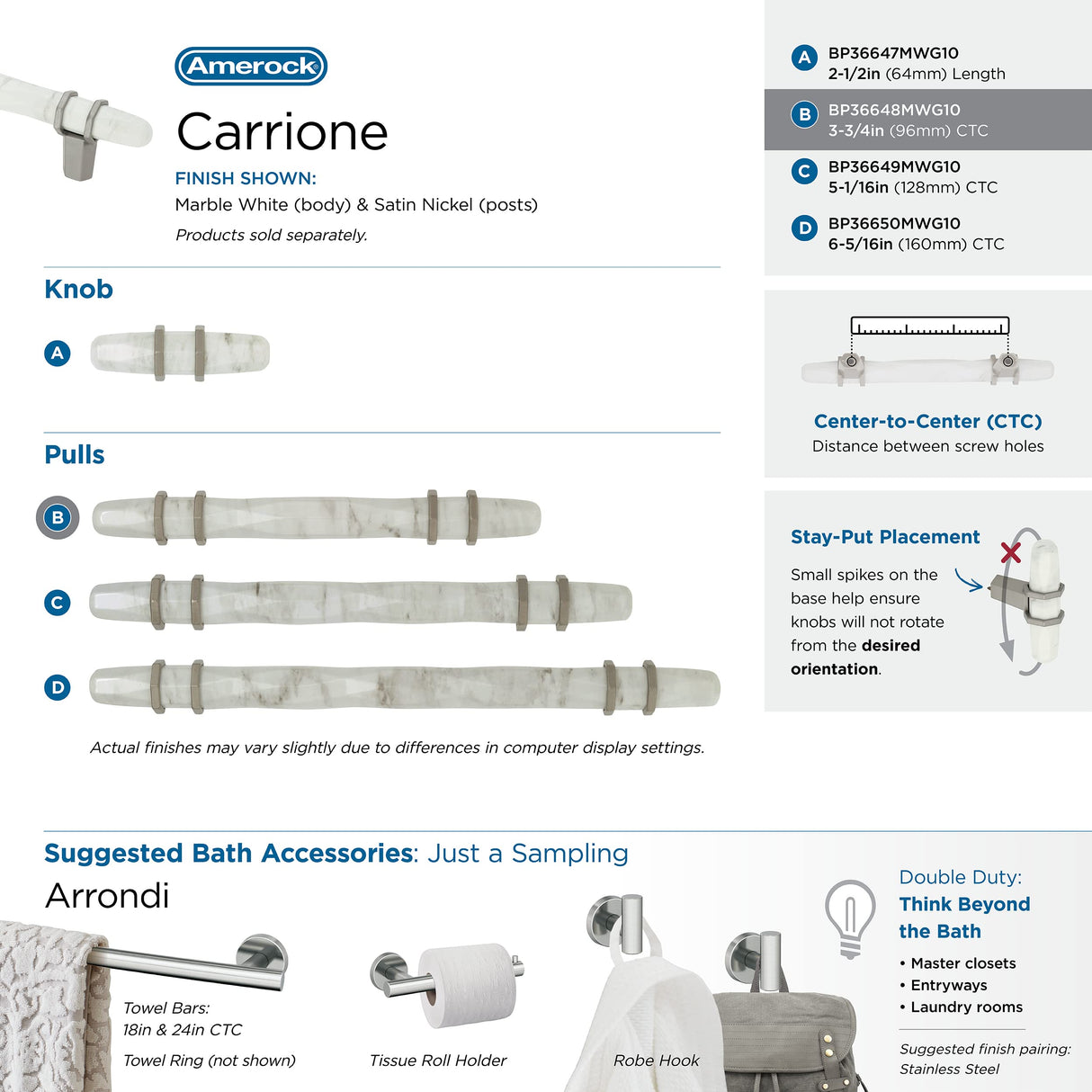 Amerock Cabinet Pull Marble White/Satin Nickel  3-3/4 inch (96 mm) Center to Center Carrione 1 Pack Drawer Pull Drawer Handle Cabinet Hardware