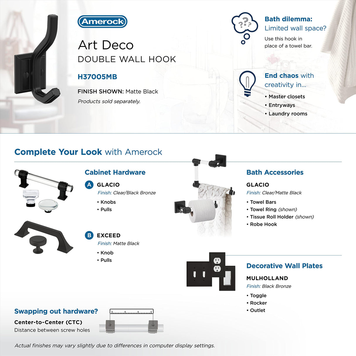Amerock H37005MB Aliso Double Prong Decorative Wall Hook Matte Black Hook for Coats, Hats, Backpacks, Bags Hooks for Bathroom, Bedroom, Closet, Entryway, Laundry Room, Office