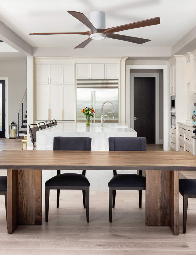 Matthews Fan IR5HLK-BRBR-BK-52 IR5HLK five-blade flush mount paddle fan in Brushed Brass finish with 52” solid barn wood tone blades and integrated LED light kit.