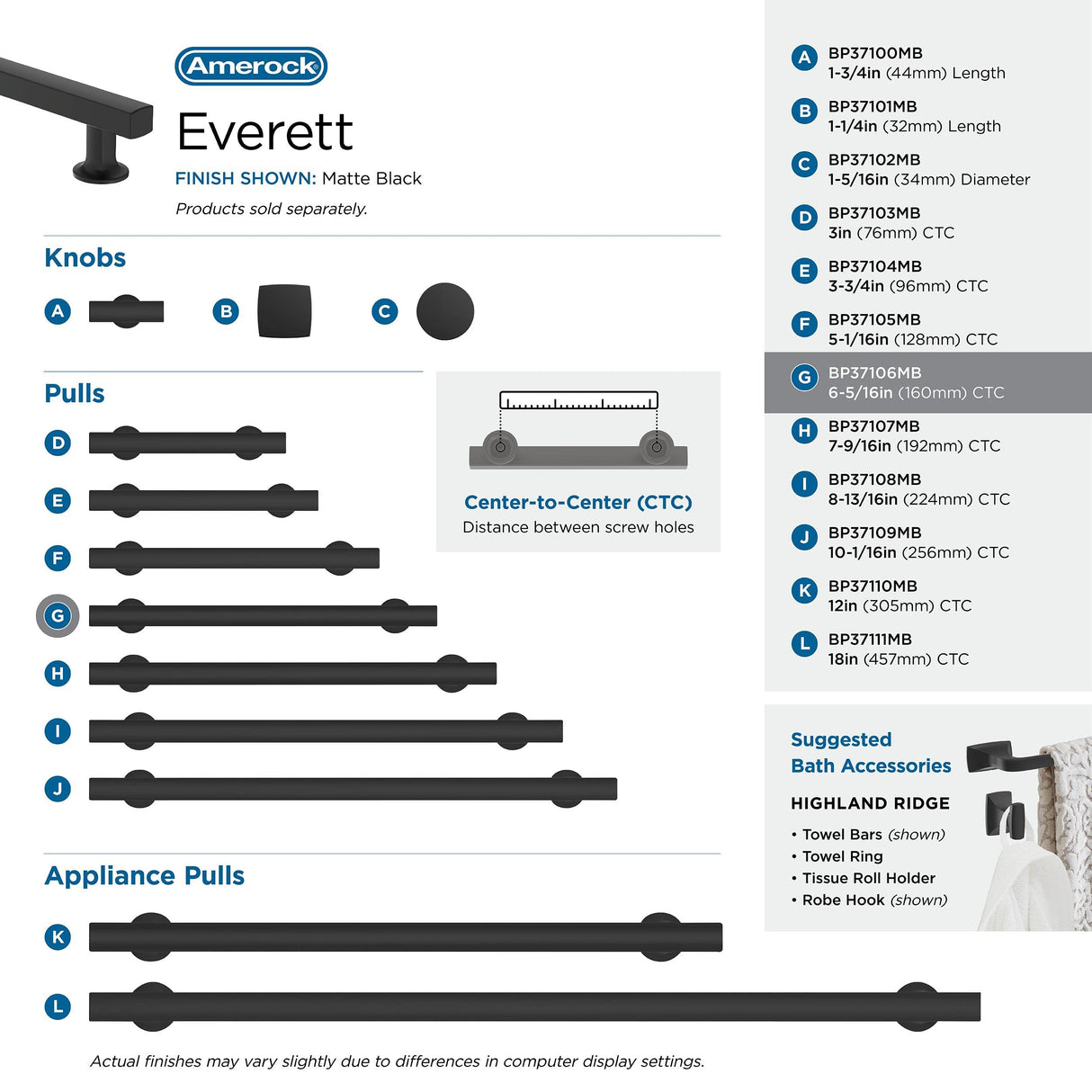 Amerock Corp BP37106MB Everett Pull, 6-5/16 in (160 mm) Center-to-Center, Matte Black