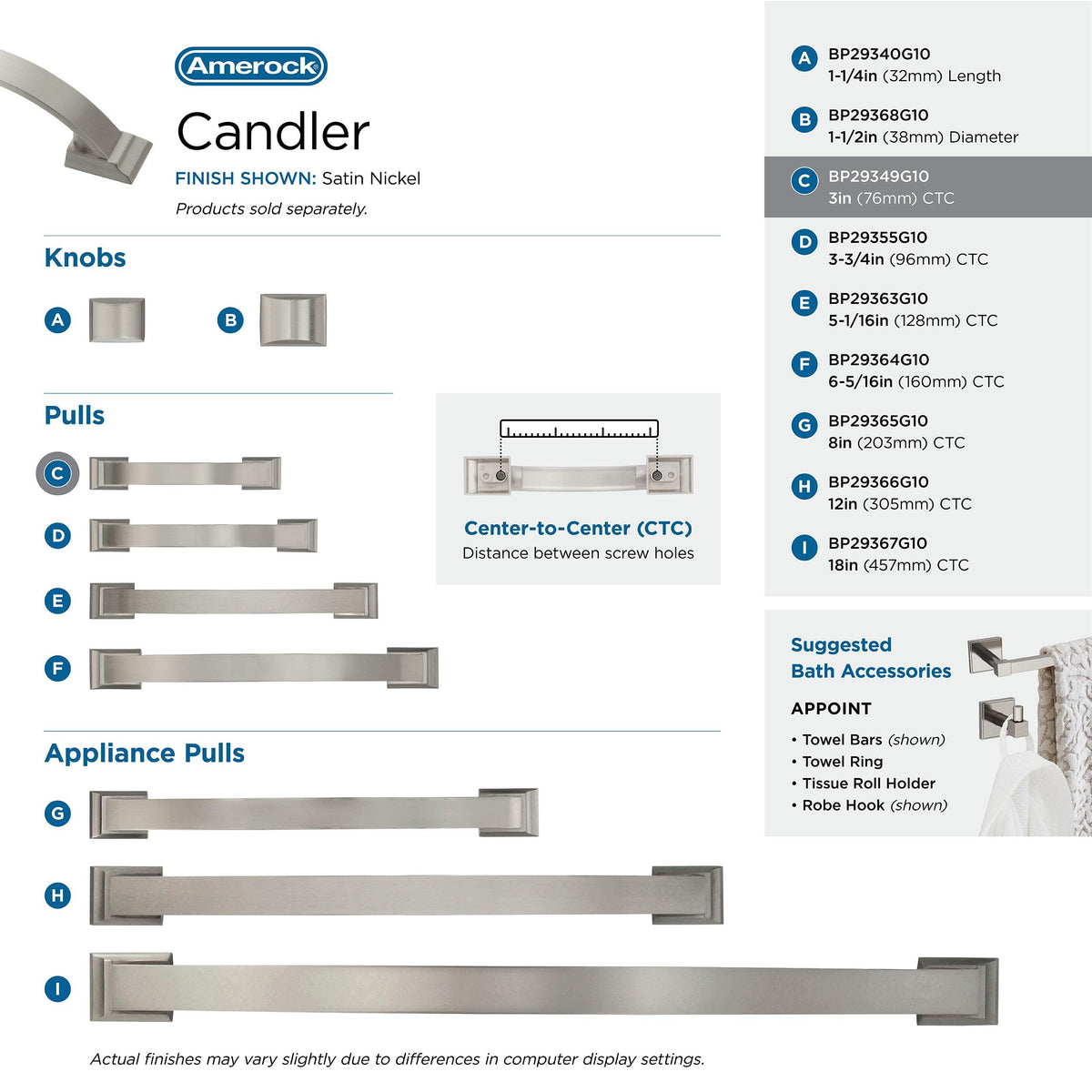 Amerock Cabinet Pull Satin Nickel 3 inch (76 mm) Center to Center Candler 1 Pack Drawer Pull Drawer Handle Cabinet Hardware