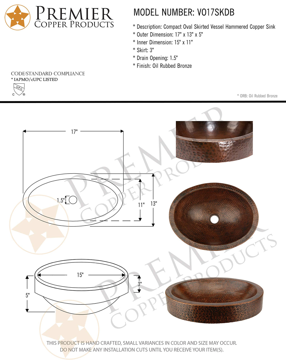 Premier Copper Products VO17SKDB Oval Skirted Vessel Hammered Copper Sink, Oil Rubbed Bronze