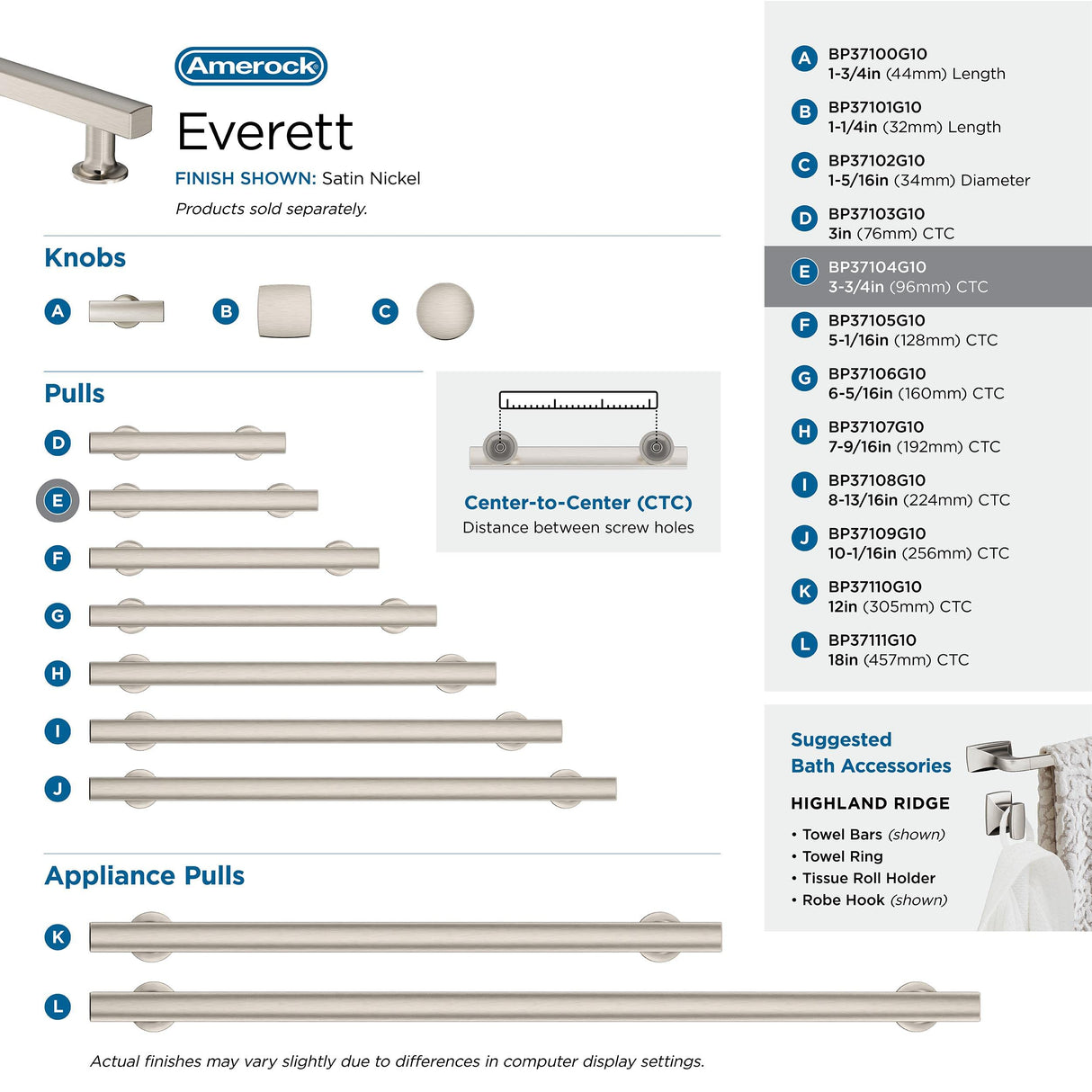 Amerock Corp BP37104G10 Everett Pull, 3-3/4 in (96 mm) Center-to-Center, Satin Nickel