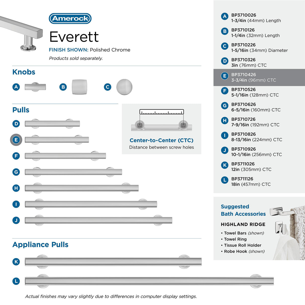 Amerock Corp BP3710426 Everett Pull, 3-3/4 in (96 mm) Center-to-Center, Polished Chrome