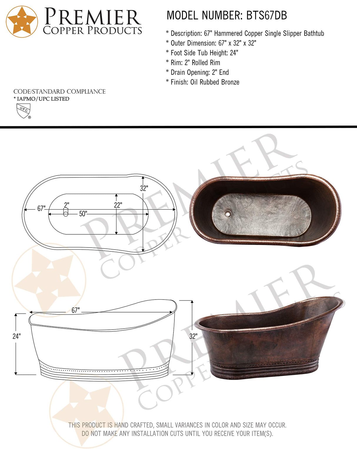 Premier Copper Products BTS67DB 67-Inch Hammered Copper Single Slipper Bathtub, Oil Rubbed Bronze