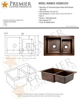 Premier Copper Products K60DB33229 33-Inch Hammered Copper Kitchen 60/40 Double Basin Sink, Oil Rubbed Bronze