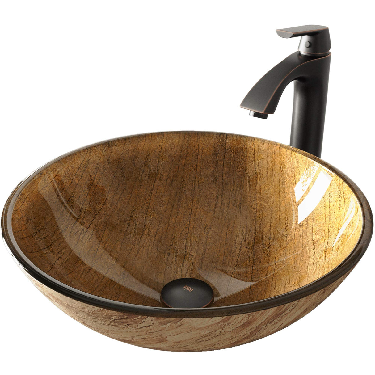 VIGO VGT391 16.5" L -16.5" W -12.38" H Handmade Countertop Glass Round Vessel Bathroom Sink Set in Wooden Finish with Antique Rubbed Bronze Single-Handle Single Hole Faucet and Pop Up Drain