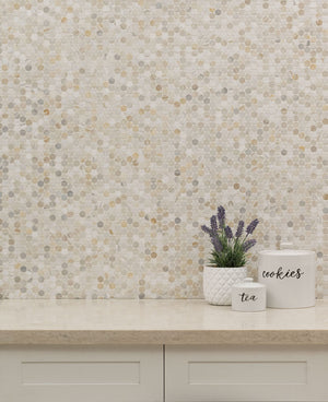 MSI Athena Gold 12 in. x 12 in. (CASE) Pennyround Honed Marble Mesh Mounted Mosaic Tile for Bathroom, Kitchen Backsplash, Accent Wall Tile, and Shower Wall Tile, Sample