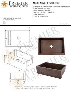Premier Copper Products KASDB33229 33-Inch Copper Hammered Kitchen Apron Single Basin Sink, Oil Rubbed Bronze
