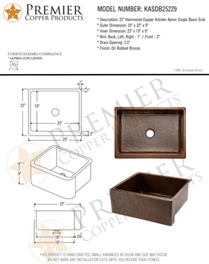 Premier Copper Products KASDB25229 25-Inch Copper Hammered Kitchen Apron Single Basin Sink, Oil Rubbed Bronze