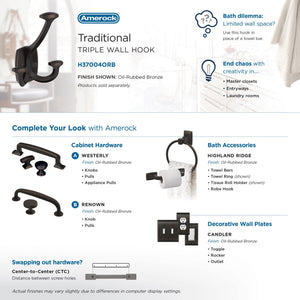 Amerock H37004ORB Vicinity Triple Prong Decorative Wall Hook Oil Rubbed Bronze Hook for Coats, Hats, Backpacks, Bags Hooks for Bathroom, Bedroom, Closet, Entryway, Laundry Room, Office