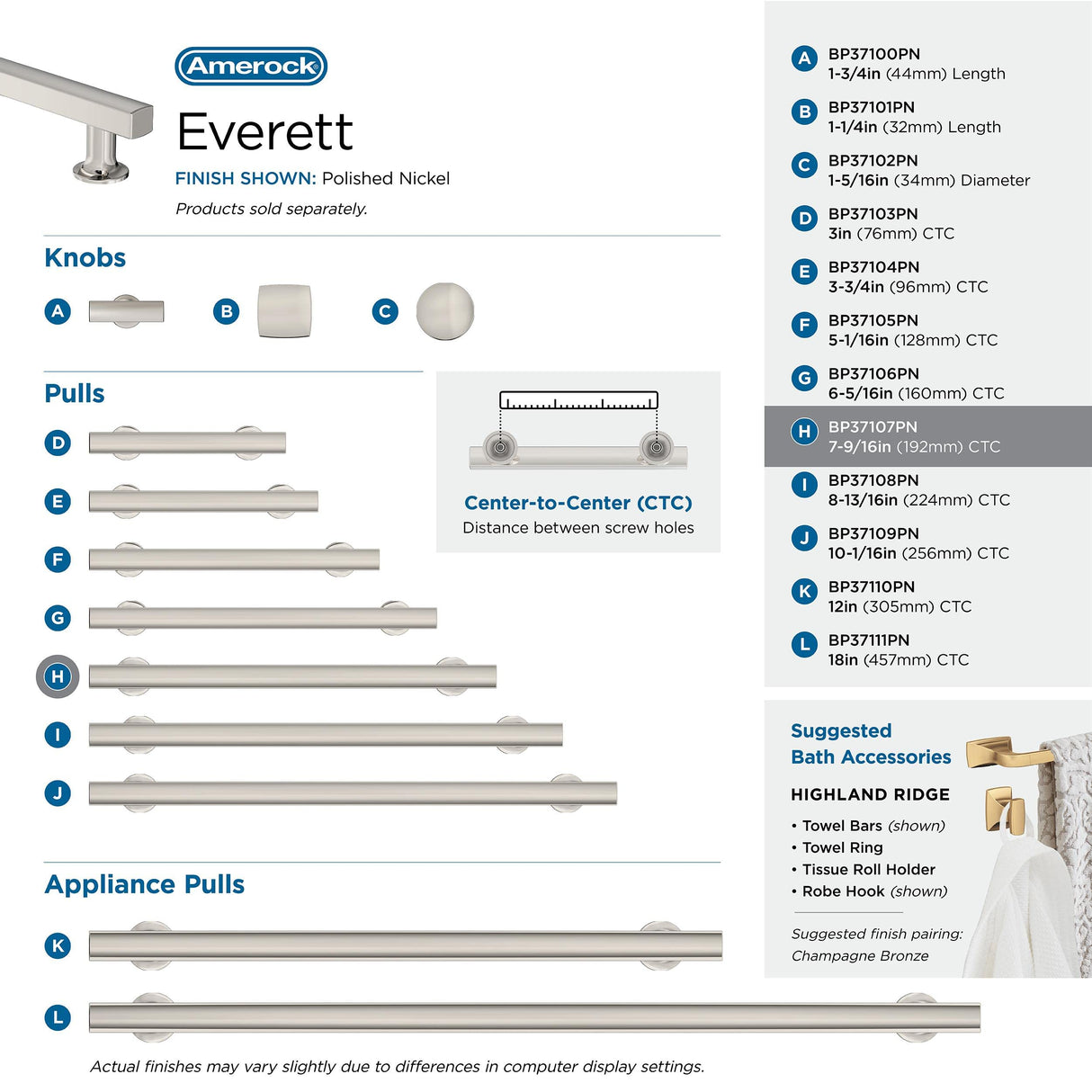 Amerock Corp BP37107PN Everett Pull, 7-9/16 in (192 mm) Center-to-Center, Polished Nickel