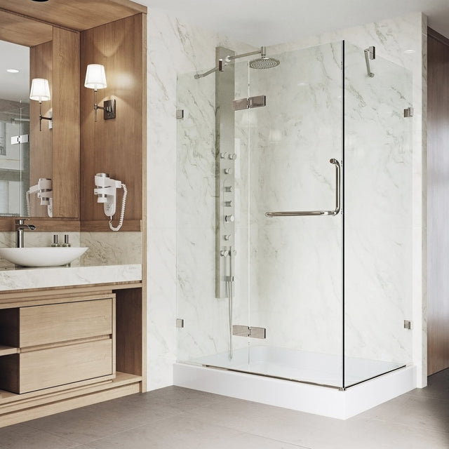 VIGO 32 in. x 48 in. x 79 in. Monteray Frameless Hinged Rectangle Shower Enclosure with Clear 0.38" Tempered Glass and Hardware in Brushed Nickel Finish with Right Handle and Base - VG6011BNCL48WL