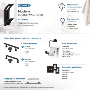 Amerock H37010MB Avid Double Prong Decorative Wall Hook Matte Black Hook for Coats, Hats, Backpacks, Bags Hooks for Bathroom, Bedroom, Closet, Entryway, Laundry Room, Office