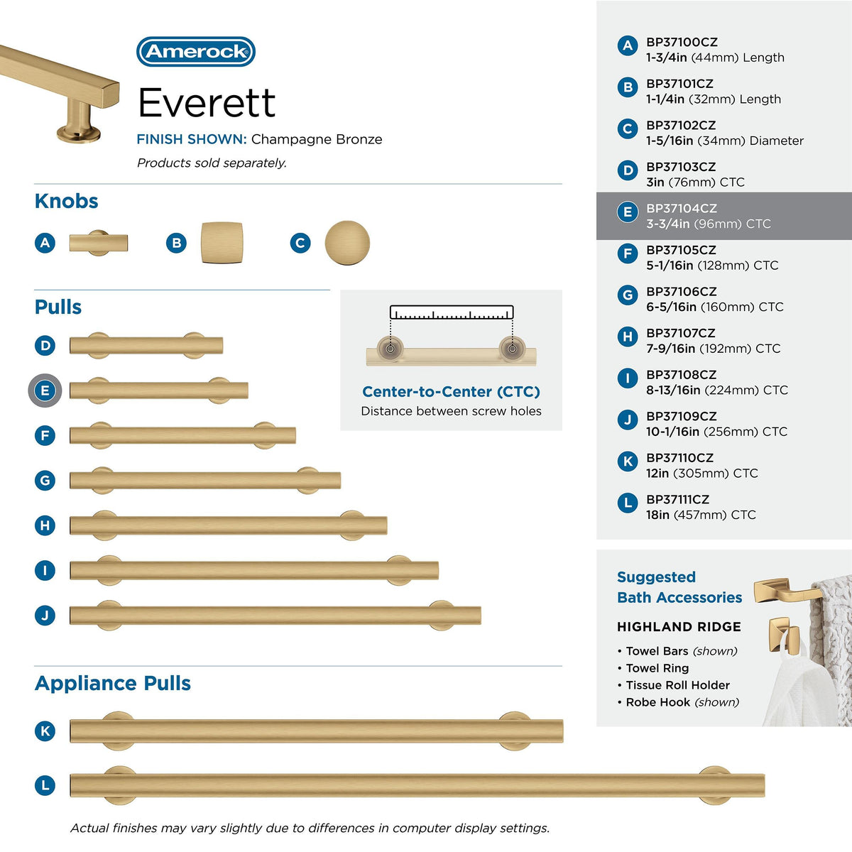 Amerock Corp BP37104CZ Everett Pull, 3-3/4 in (96 mm) Center-to-Center, Champagne Bronze