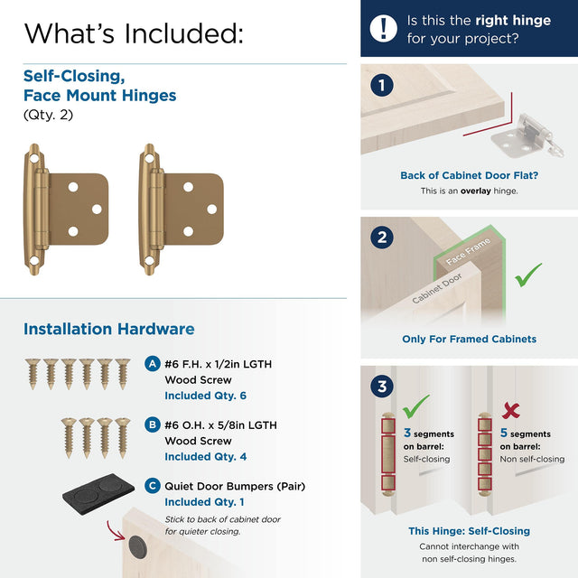 Amerock BPR3429CZ Cabinet Hinge Variable Overlay Self Closing Face Mount Champagne Bronze Kitchen Cabinet Door Hinge 1 Pair/2 Pack Functional Hardware