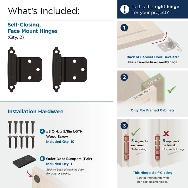 Amerock BPR7630ORB Reverse Bevel Face Frame Cabinet Hinge Variable Overlay Self Closing Face Mount Oil Rubbed Bronze Kitchen Cabinet Door Hinge 1 Pair/2 Pack Functional Hardware