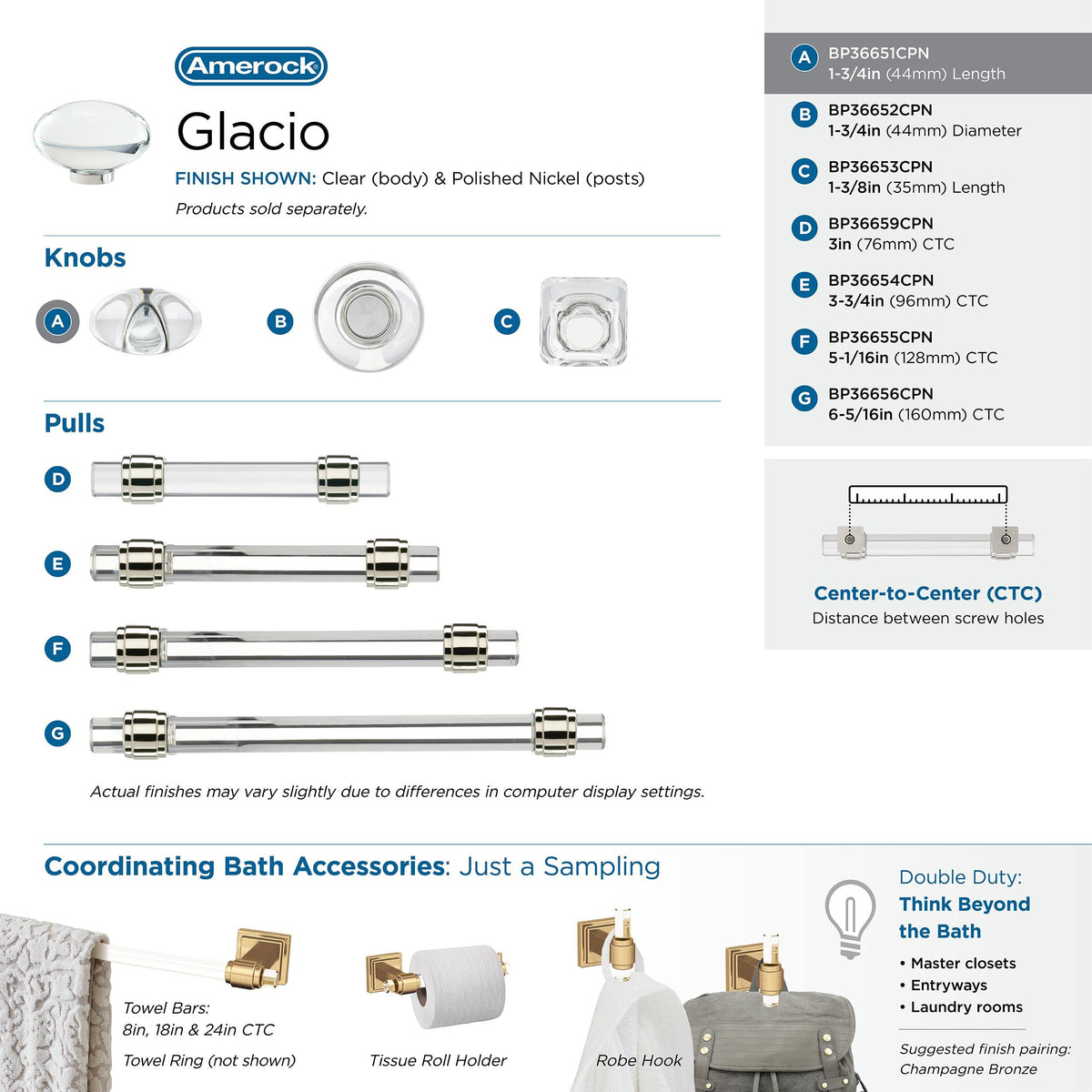 Amerock Cabinet Knob Clear/Polished Nickel 1-3/4 inch (44 mm) Length Glacio 1 Pack Drawer Knob Cabinet Hardware