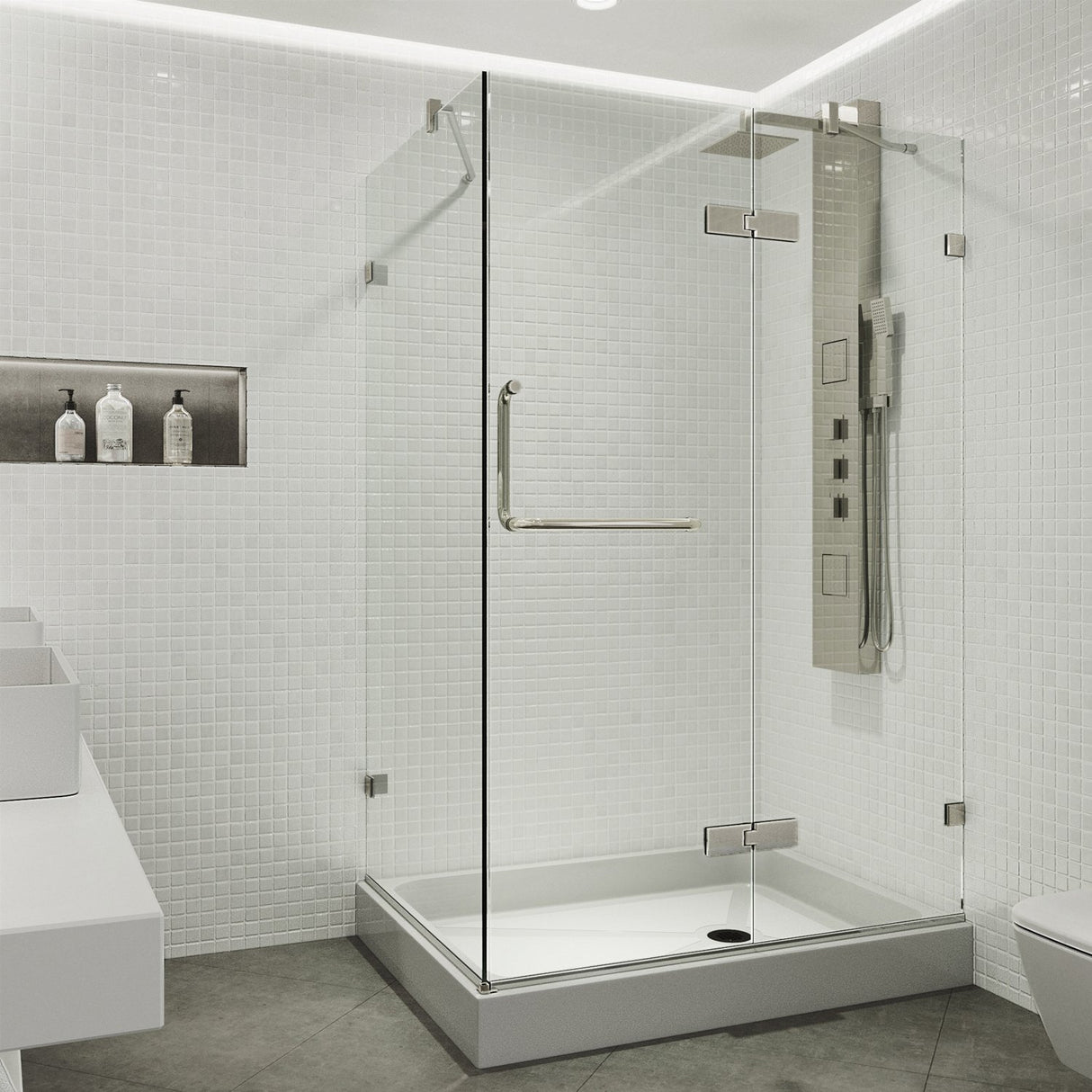 VIGO 32 in. x 40 in. x 79 in. Monteray Frameless Hinged Rectangle Shower Enclosure with Clear 0.38" Tempered Glass and Hardware in Brushed Nickel Finish with Left Handle and Base - VG6011BNCL40WR