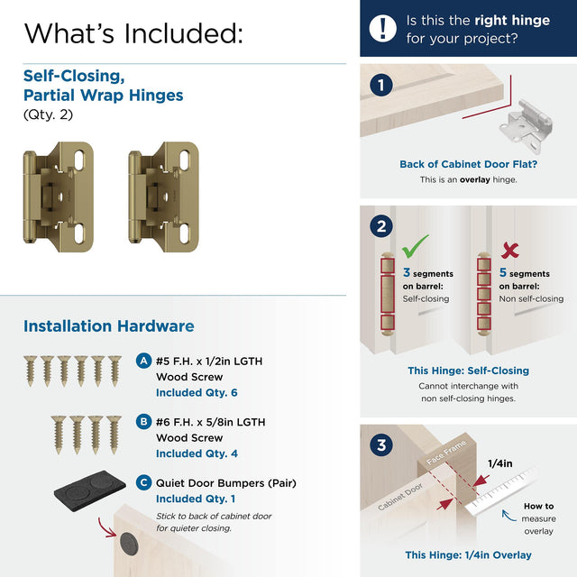 Amerock BPR7566BBZ Cabinet Hinge 1/4 in (6 mm) Overlay Self Closing Partial Wrap Golden Champagne Kitchen Cabinet Door Hinge 1 Pair/2 Pack Functional Hardware