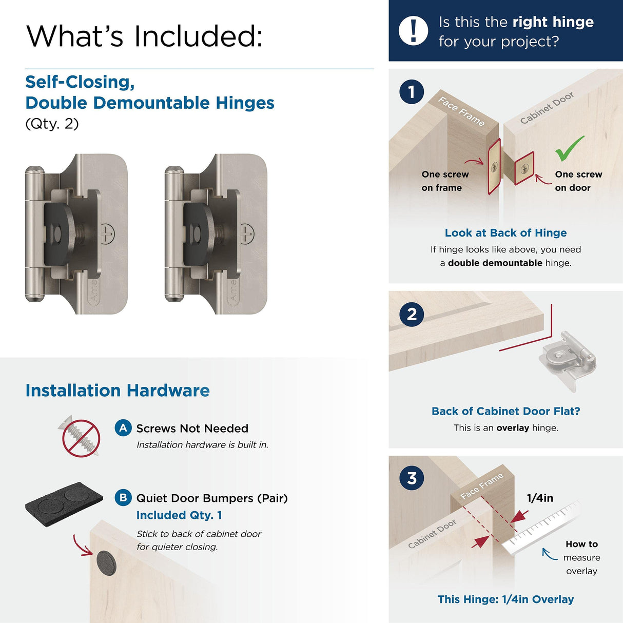 Amerock Double Demountable Cabinet Hinge 1/4 inch (6 mm) Overlay Hinge Satin Nickel (Pack of 2) Self-Closing Hinge Cabinet Door Hinge