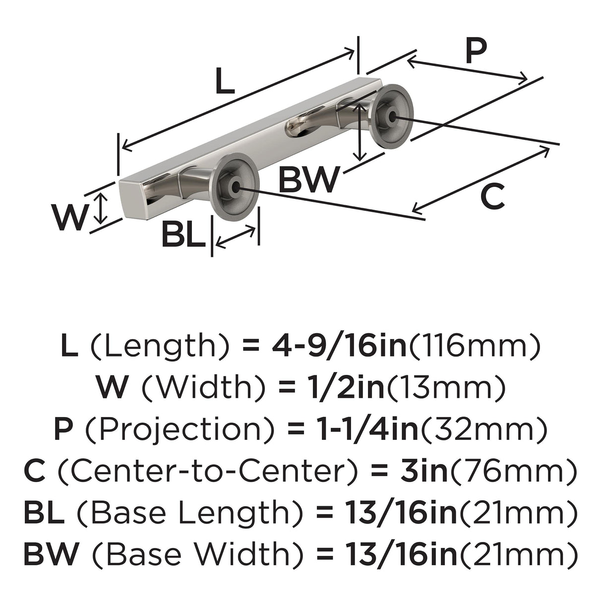 Amerock Corp BP37103PN Everett Pull, 3 in (76 mm) Center-to-Center, Polished Nickel