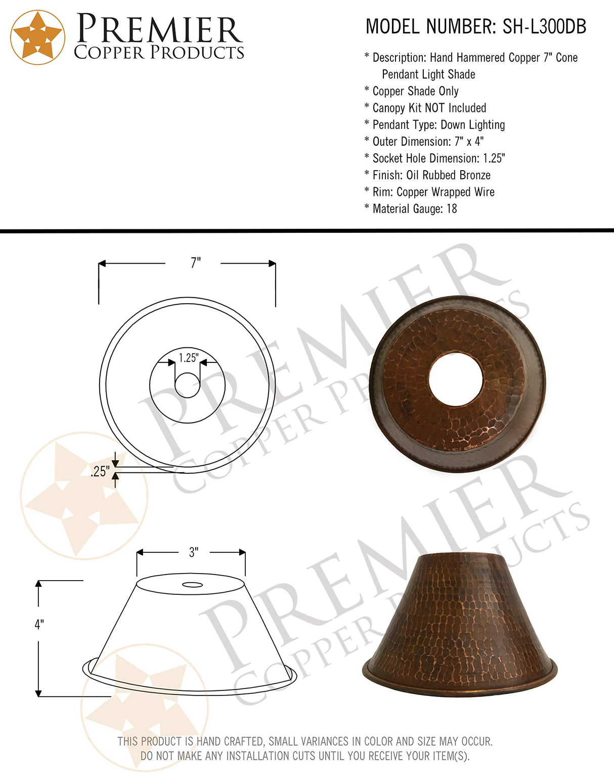Premier Copper Products SH-L300DB Hand Hammered Copper 7-Inch Cone Pendant Light Shade