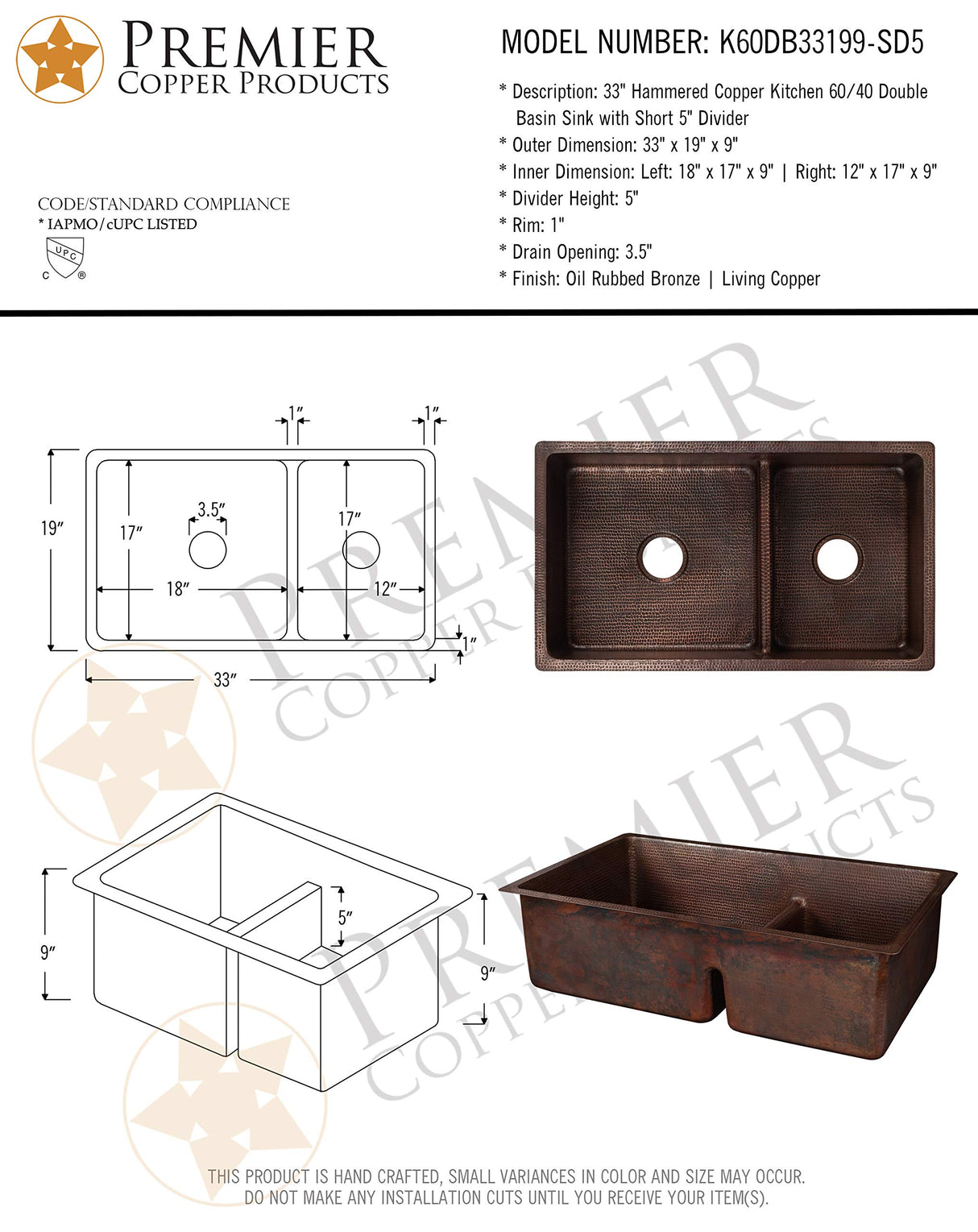 Premier Copper Products K60DB33199-SD5 33" Hammered Copper Kitchen 60/40 Double Basin Sink with Short 5" Divider