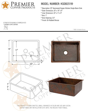 Premier Copper Products KSDB25199 25-Inch Hammered Copper Kitchen Single Basin Sink, Oil Rubbed Bronze