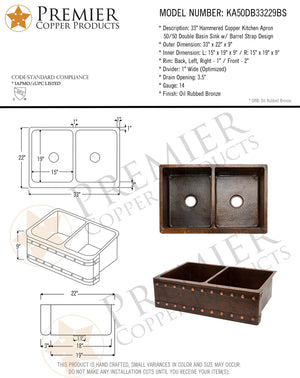 Premier Copper Products KA50DB33229BS 33-Inch Hammered Copper Kitchen Apron Double Basin Sink Copper…
