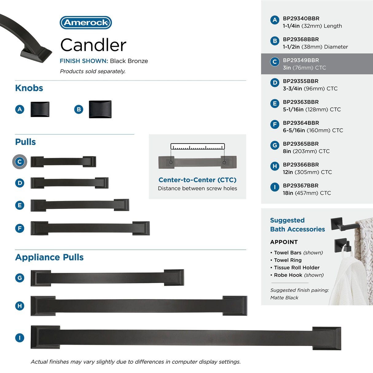 Amerock Cabinet Pull Black Bronze 3 inch (76 mm) Center to Center Candler 1 Pack Drawer Pull Drawer Handle Cabinet Hardware