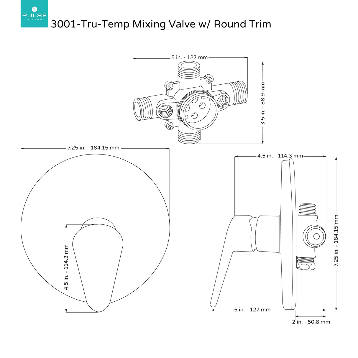 PULSE ShowerSpas 3001-RIV-PB-CH Tru-Temp Mixing Valve, Pressure Balance Rough-In Valve Trim Kit, Round, 1/2" NPT, Polished Chrome