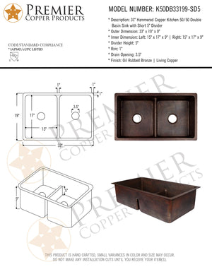 Premier Copper K50DB33199-SD5 33-Inch Kitchen 50/50 Double Basin Sink with Short 5-Inch Divider, Oil Rubbed Bronze Finish…