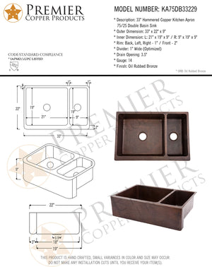 Premier Copper Products KA75DB33229 33-Inch Hammered Copper Kitchen Apron 75/25 Double Basin Sink, Oil Rubbed Bronze