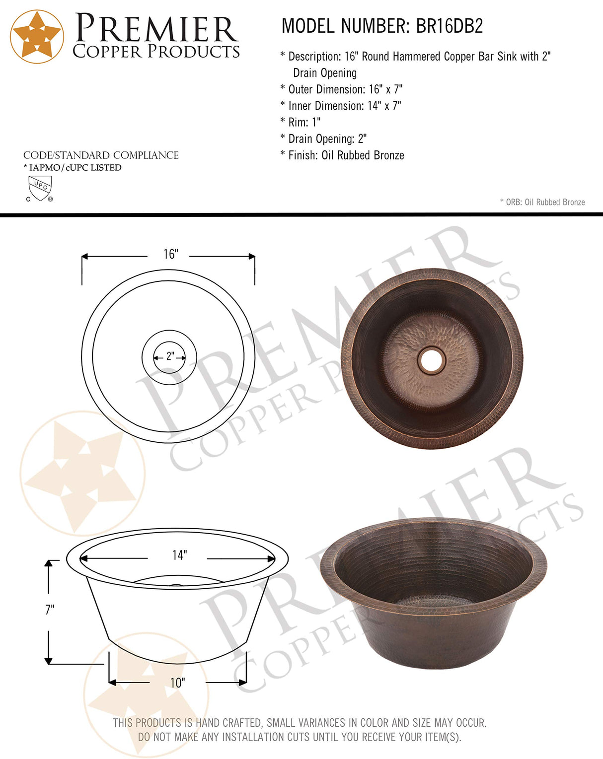 Premier Copper Products BR16DB2 16-Inch Universal Round Hammered Copper Bar Sink with 2-Inch Drain Size, Oil Rubbed Bronze
