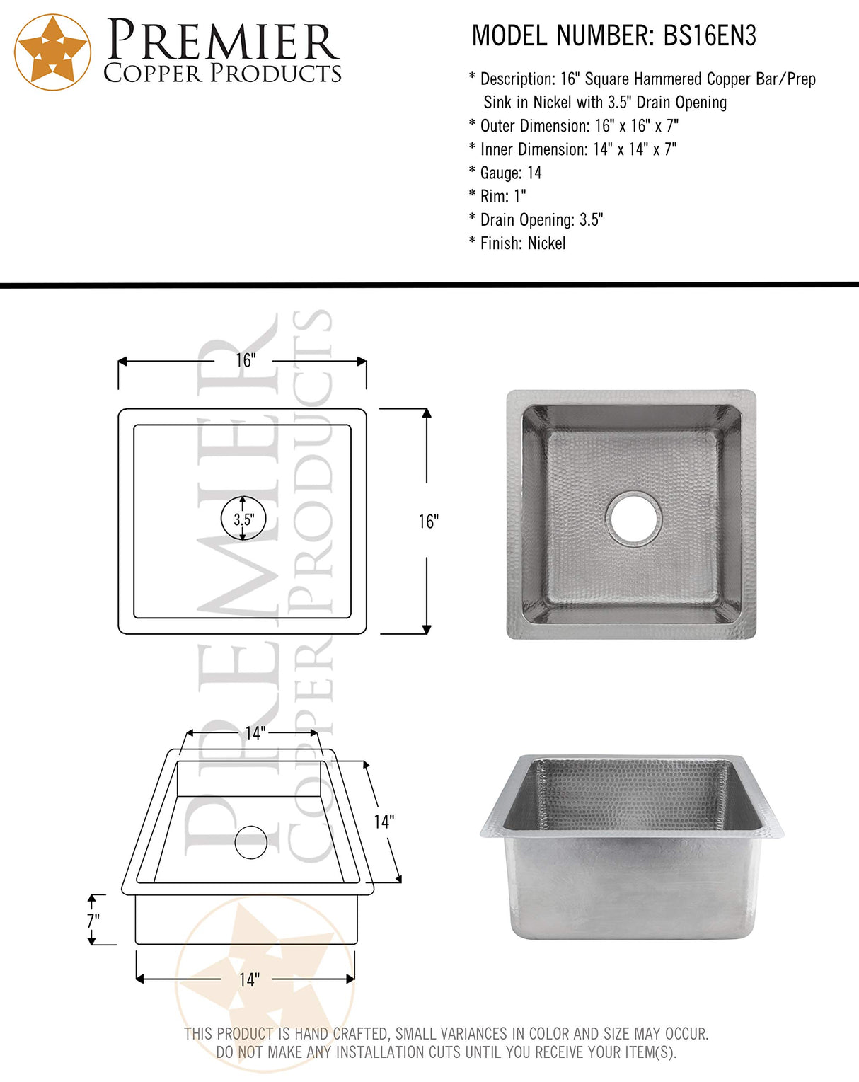 Premier Copper Products BS16EN3 16-Inch Square Hammered Copper Bar/Prep Sink in Nickel w/ 3.5-Inch Drain Opening