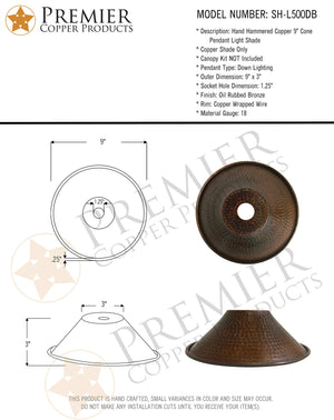 Premier Copper Products SH-L500DB Hand Hammered Copper 9-Inch Cone Pendant Light Shade