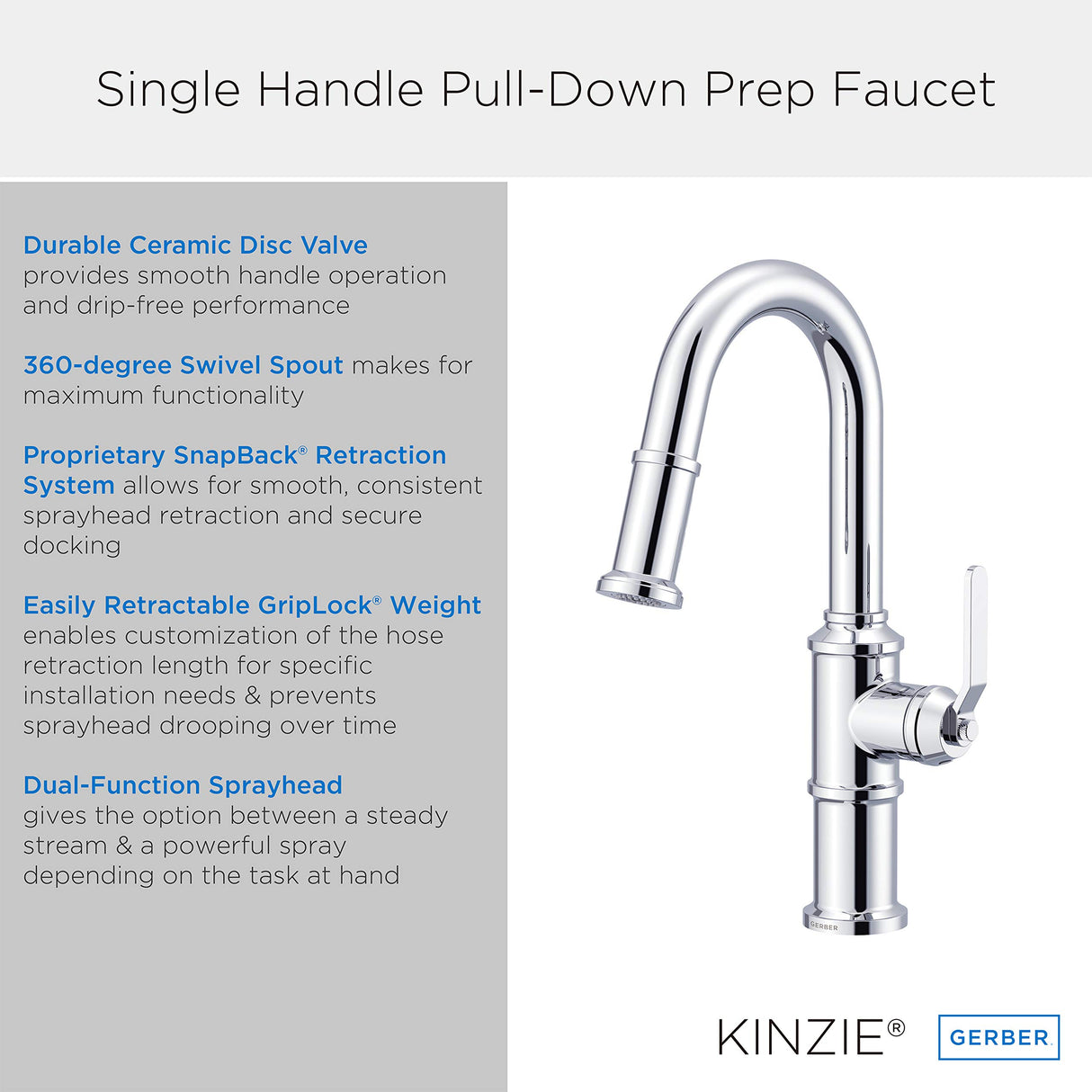 Gerber D150537SS Stainless Steel Kinzie Single Handle Pull-down Prep Faucet