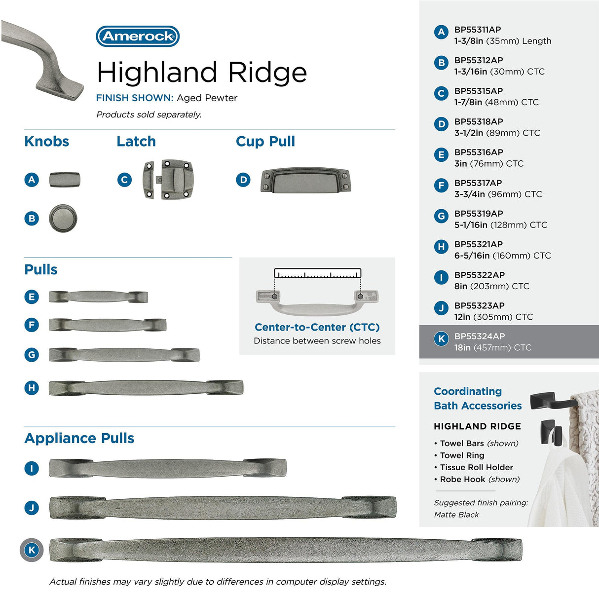 Amerock Appliance Pull Aged Pewter 18 inch (457 mm) Center to Center Highland Ridge 1 Pack Drawer Pull Drawer Handle Cabinet Hardware